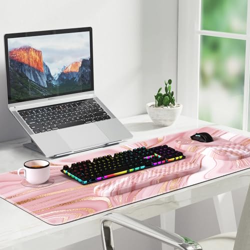 Light Pink Desk Mat Set with Mouse Pad and Memory Foam Wrist Rest, Soft Mat for Mouse and Keyboard, Large Office Desk Mat with Wrist Support, Smooth Surface, Non-Slip Base, 35.4 x 15.7 in - color: Marble Rose Gold Pink Fluid