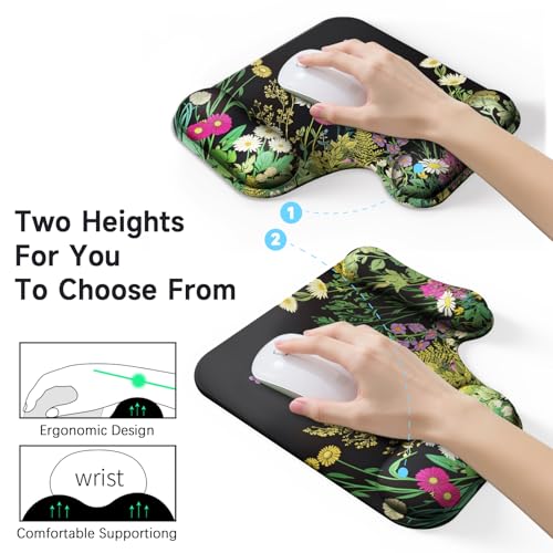Ergonomic Mouse Pad with Gel Wrist Rest (1"& 1.2" Dual Height) - Mouse Pads Compact Mousepad Desk Mat Office, Gaming & Carpal Tunnel Relief | Non-Slip Rubber Base | Wildflower Black - color: Wildflower Black