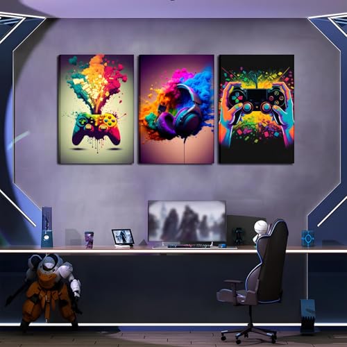 Gaming Room Decor Wall Art Set of 3 - Video Gaming Controller Gamer Wall Decor, Gaming Canvas Poster Room Decor for Boys Room Kids Game Room Bedroom 12x16 in Framed - color: Colorful Ink Game, size: Canvas 12x16 inch