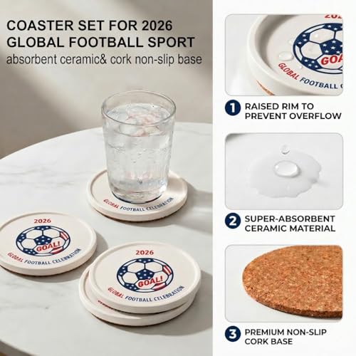 Soccer Drink Coasters 2 PC for The World Cup, Anti-Slip Thick Cork Absorbent Coasters with Raised Edge, Stone Drying Mat for Cups, Sink Tray, Soap Dish & Small Plants (2PACK 4X4X0.39 in_Goal) - color: Goal