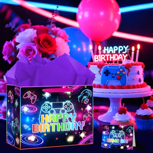 Peconal Game Theme Birthday Party Supplies Video Game Birthday Gift Bag with Wrapping Paper and Card Neon Gaming Decorations Gamer Wrapping Paper Bag for Boys Girls Men Women Game Theme Party Decor - color: Neon