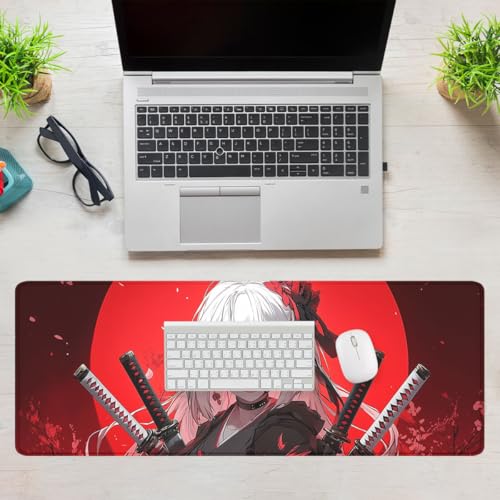 Anime Samurai Girl Gaming Mouse Pad Red Moon Gothic Large Desk Mat with Stitched Edges,Non-Slip Waterproof Rubber Base Mouse Mat Office Computer Keyboard Laptop 31.5"x11.8" - color: Anime Samurai Girl