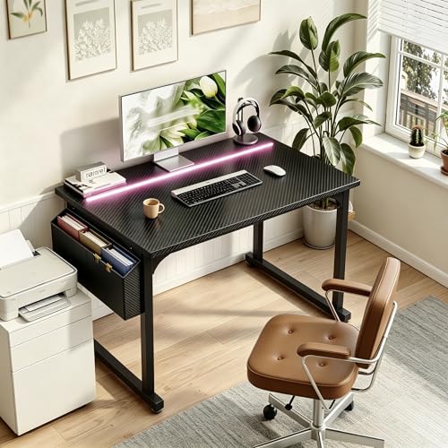 DurayLoly 32" Gaming Desk with Waterproof LED Lights, Carbon Fiber Desktop for Small Spaces | Home Office Study Computer Desk with Storage Bag & Headphone Hook, Black - color: Black, size: 32 Inch