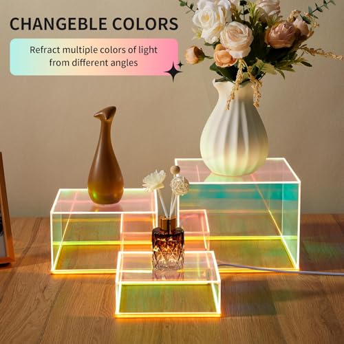 3Pcs Iridescent Acrylic Display Riser with LED light Plug and Play | Lighted Stackable Acrylic Cube Boxes Stand with Hollow Bottom for Figures Jewelry Perfume Purse Liquor Food Buffet Riser - color: Iridescent-LED light-3pcs