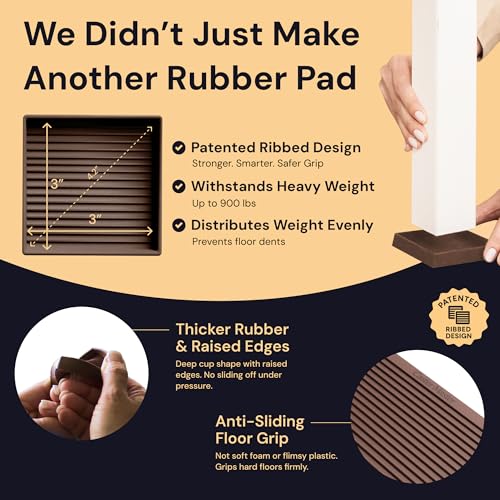 CasterMaster Non-Slip Furniture Pads - 3x3 in Brown, 8 Pack | Square rubber feet & floor protectors - 8pk - Use for chairs & furniture, keep from sliding - color: Brown, size: 3'' x 3'' (Pack of 8)