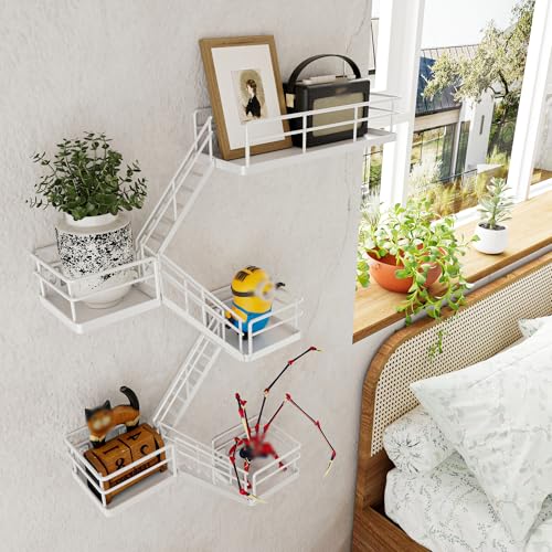 Fire Escape Shelf - 5 Tier Metal White Fire Escape Wall Shelves with Baskets, New York Action Figurine Display Shelf, Unique Rustic Floating Decorative Wall Shelves for Any Room - color: C-white 5 Tier, size: 5 Tier