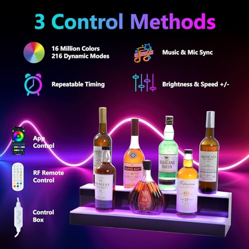 Led Lighted Liquor Bottle Display Shelf, 24 Inch 2 Tier Whiskey Rack, Support USB, Bar Stand with RF Remote & App Control, Illuminated Acrylic Lighting Shelves for Home Bar, Party - size: 24" 2 step