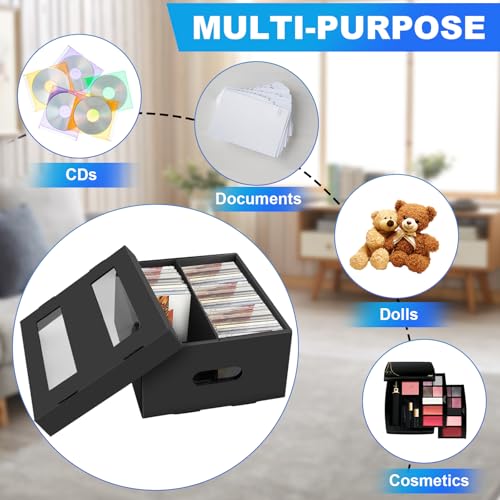 AOBOPLE CD Storage Box with 2 Compartments,5 Pack Cardboard CD Case Storage,Holds 300 Jewel Cases,CD Case Holder with PVC Window Lid,Portable Organizer for Media Collection - style: 5 Pack 2 Compartment