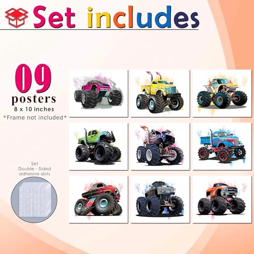 LANCHI95 9PCS Monster Truck Room Decor- Monster Truck Wall Art Prints Teen Boy Bedroom Decor, Vehicle Car Posters for Boys Room (UNFRAMED) (Car Poster 1) - color: Car Poster 1