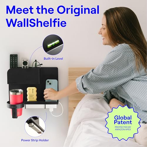 WallShelfie Bedside Wall Organizer & Dorm Decor - Dorm Room Essential, Floating Bedside Shelf Wall Mount Organizer, Remote Control Holder, Cool Teen Girls Trendy Stuff, Room Organization (Black) - color: Black