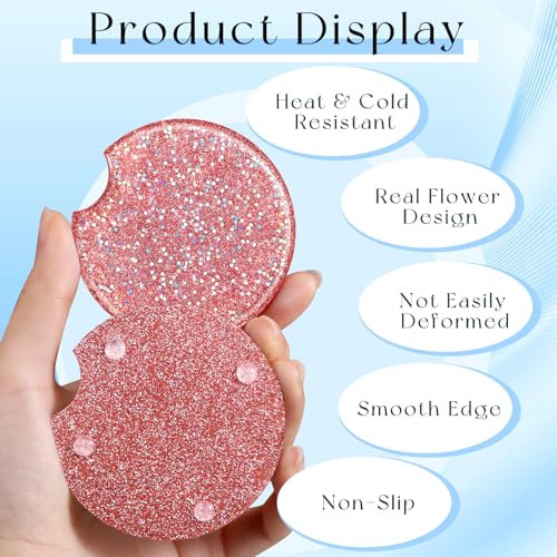 Swooflia Flower Car Cup Holder Coasters for Women - 2.75 Inch Cute Resin Clear Automotive Drink Cupholder Insert Car Accessories 2 Pack Bling Pink - color: Bling Pink