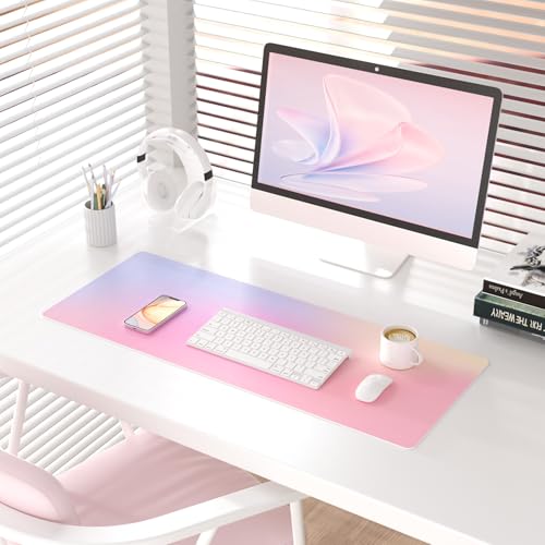 Colorful Star Large Mouse Pad Pink, Girly Desk Mat Aesthetic PU Leather Laptop Mat, 31.5" x 11.8" - color: Dreamy Pink Gradient, size: 31.5" x 11.8"