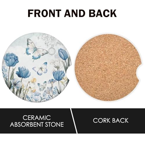 Butterfly Car Coasters Set of 2 for Cup Holder 2.63" Absorbent Ceramic Cup Coaster Non-Slip Cork Base Drink Coasters with Finger Notch Car Accessories Interior for Women Men - color: Butterfly