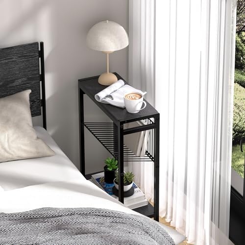 End Table for Small Space, 3-Tier Narrow Side Table with Magazine Holder, Nightstand, Skinny Snack Couch Table in Living Room, Bedroom Study and Balcony (Black) - color: Black