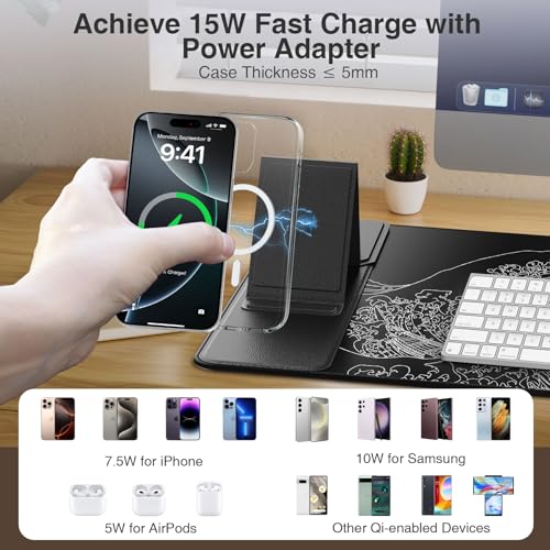 Wireless Charging Mouse Pad with Foldable Phone Holder, 31.5"x15.8" Large Desk Mat for Laptop/Keyboard, Waterproof Ultra-Smooth Surface, Non-Slip Base, Black Wave - color: Black Wave-31.5"x15.8"-Phone Holder