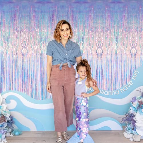 GOER 3.2 ft x 6.5 ft Metallic Tinsel Foil Fringe Curtains Party Photo Backdrop Party Streamers for Mermaid Birthday Party Decorations(1 Pack,Iridescent) - color: Iridescent, size: 1 Pack