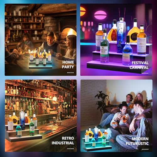 Led Lighted Liquor Bottle Display Shelf, 24 Inch 3 Tier Whiskey Rack, Support USB, Bar Stand with RF Remote & App Control, Illuminated Acrylic Lighting Shelves for 21 Bottles, Home Bar, Party - size: 24" 3 step