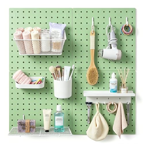 Pegboard Wall Organizer, 4 x11” x 11” ABS Peg Board Wall Organizer with Hooks, Shelves & Baskets, Drill or Adhesive Mount, 110 lbs Heavy Duty Wall Storage for Kitchen, Garage, Bathroom, Office(Green) - color: Green