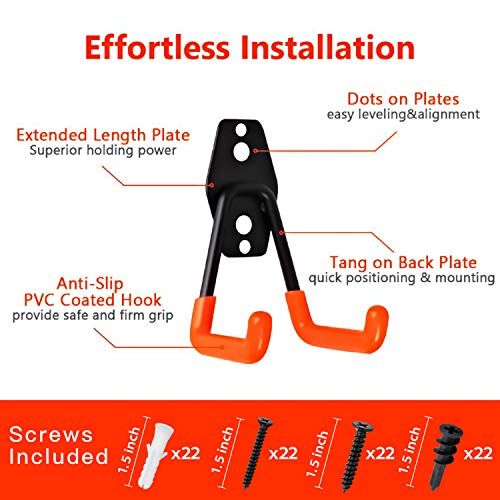 Garage Hooks, 12 Pack Wall Storage Hanger with 2 Extension Cord Straps, Heavy Duty Tool Holder for Utilities Organization, Wall Mount Rack for Garden Lawn Tools, Ladders, Bike, Ski (Orange) - color: 12 Pack Orange Hooks