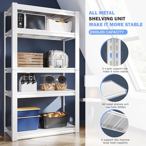 Raybee 72''H Garage Shelving, Storage Shelves 2010LBS, Adjustable 5 Tier Metal Shelving, Closet Garage Shelves Pantry Shelf for Kitchen Closet 72''H*31.7''W*16.3''D - size: 16.3"D x 31.7"W x 72"H,White