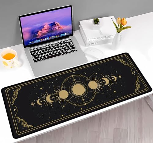 Moon Phases Large Gaming Mouse Pad, Celestial Cycle Lunar Chart Black and Gold Desk Pad, Stars in Space Horoscope Desk Mat, Mystical Astronomy Mousepad for Gamer Home&Office, 31.5x11.8 in - color: Moon Phase on Black