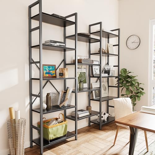 SUPERJARE Triple Bookshelf, Bookcase with 14 Open Display Shelves, Wide Book Shelf Book Case for Home & Office, 5 Tier, Black - color: Black, size: 5 Tier