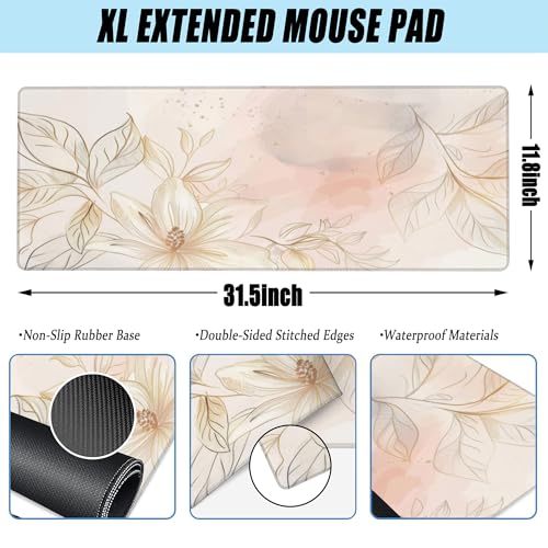 Desk Mat,Minimalist Flowers and Leaves Large Gaming Mouse Pad for Desk XL,Golden Line Floral Desk Pad,Extended Big Computer Keyboard Mouse Pad with Non-Slip Base Stitched Edges 31.5"x11.8" - color: Minimalist Flowers and Leaves, size: XL-31.5"x11.8"