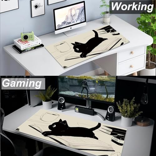 Gaming Mouse Pad XL Extended Anime Mouse Pad 31.5x11.8inch, Large Cute Kawaii Big Computer Mouse Mat Desk Pad Home Office-Black Reading Cat - color: Black Reading Cat, size: 31.5L x 11.8W inches