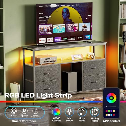 Huuger 47 Inch TV Stand Dresser with Power Outlets and LED Lights | Entertainment Center with 4 Drawers, PU Finish, Grey and Black, Dresser for 55 50 Inch TV, Open Shelf, Media Console - color: Grey and Black, size: 47.2 Inches