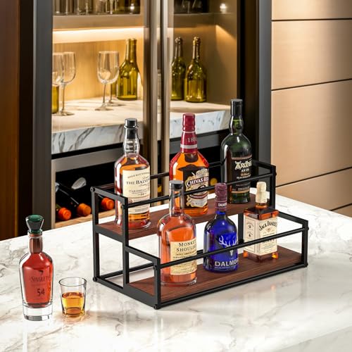 THYGIFTREE Liquor Bottle Display Shelf, 2 Tier Coffee Syrup Rack Organizer & Bar Shelf Stand for Liquor, Whiskey, Olive Oil, Kitchen Counter & Home Bar Storage - color: 1-pack, 2-tier