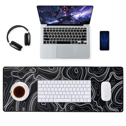 ALOANES Waterproof Mouse Pad with Durable Stitched Edge, Gaming Keyboard, Non-Slip Rubber Base, Extended Desk pad for Gamer, Office& Home, Black Topographic Map Mousepad 3XL(35.43"x15.74"x0.12") - color: 02- Topographic Map Black, size: 3XL(35.4" x 15.7")