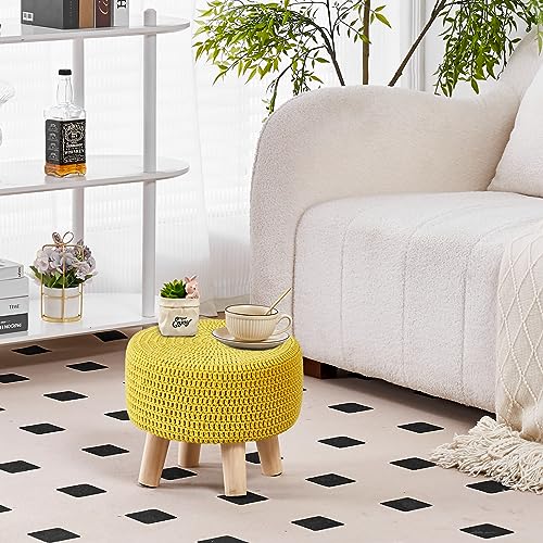Wimarsbon Small Ottomans, 100% Hand Knitted Pouf, Round Footrest with 4 Non-Skid Wood Legs, Boho Décor Cotton Rope Pouffe Beside Sofa, Leisure Floor Step Chair for Living Room (Yellow) - color: Yellow