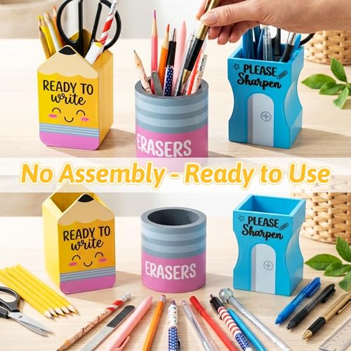MALLMALL6 3Pcs Pencil Sharpen Eraser Shaped Pencil Holder, Back to School Wooden Caddy Case Gifts for Kid Student, No Assembly Sharp Dull Shaped Desktop Dispenser Storage Organizer for Classroom Decor - style: Pencil & Sharpen & Eraser