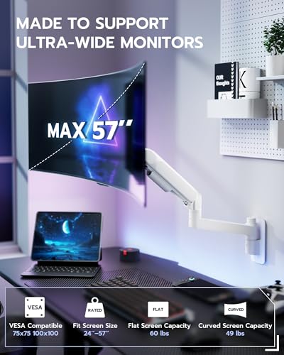 ARES WING Monitor Wall Mount for 24-57 Inch Ultrawide Gaming Screens, Premium Heavy Duty Monitor Arm Holds 60 lbs, Full Motion Gas Spring, Bearing Head for Easy Adjustment, 75/100 VESA Mount, White - color: White, size: Single Monitor Arm