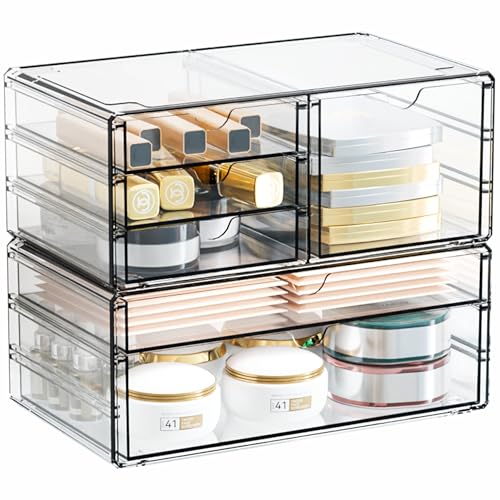 Yieach 2 Pack Acrylic Drawer Organizer With 6 Drawers,Stackable 11.1” Large Clear Storage Drawers and Makeup Organizer For Vanity,Bathroom Countertop,Cabinet,Pantry,Office Supply Storage Bins Drawers - size: large 6 Drawers