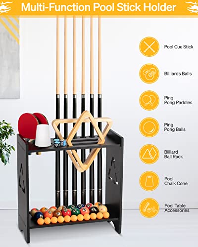 EXTCCT Pool Stick Holder Floor Stand- Billiards Pool Cue Rack Oak Solid Wooden Holds 9 Cues and Pool Table Accessories Organizer with Chalk Cone Holder for Game Room Club or Men Cave - color: Cone Chalk - Black