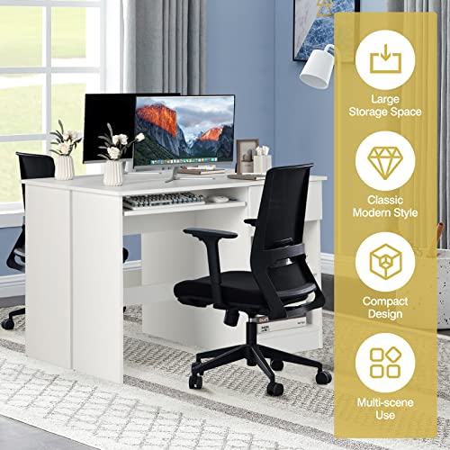 GOFLAME Home Office Desk with Drawer, Wooden Storage Computer Desk with Keyboard Tray & Adjustable Shelves, Executive Table Makeup Vanity Table Desk for Bedroom, Small Space, White