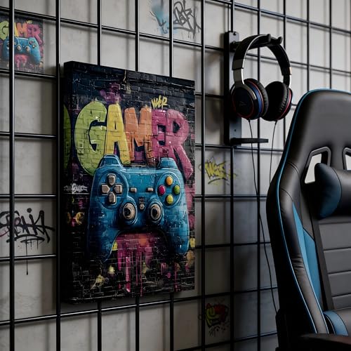 Canvas Wall Art Framed Gamer Graffiti Mural Urban Street Art Vibrant Colorful Cool Fun Pop Art Textured Modern Retro Wall Decor for Game Room Man Cave Boys Room Video Game Room Decor 16x24 Inches - color: gamepad, size: 24"L x 16"W