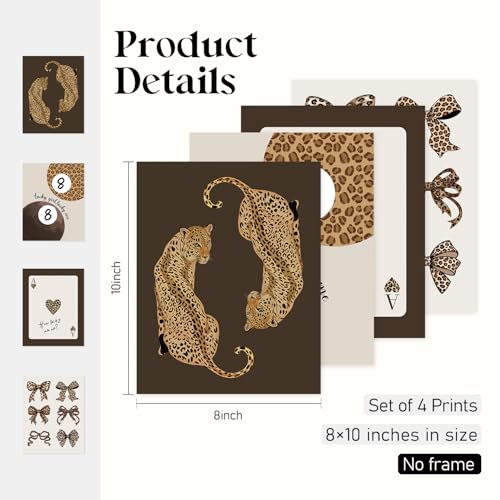 Locomiss Trendy Leopard Wall Art Posters, Cheetah Print Wall Decor, Funky Retro Leopard Lucky 8 Ball Coquette Bow Poker Posters for Home Girls College Dorm Bedroom Decor, Set of 4(8x10 Unframed) - color: bow