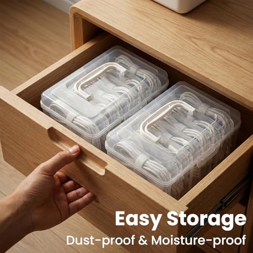 Portable Cord Organizer Box with Handle, 7 Clear Cable Storage Cases and Labels, Travel Cable Holder for Charging Cords, USB Wires, Earphones – Home Desk Drawer Organizer (Type A)