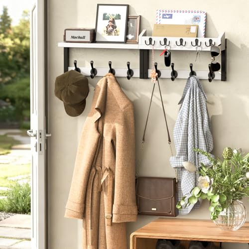 35'' White Coat Rack Wall Mount with Shelf, Solid Wood Coat and Key Hanger with 13 Metal Hooks, Farmhouse Wall Organizer for Mail, Entryway Wall Hangers for Hats, Clothes, Backpacks, Mudroom - color: White, size: 35Inch