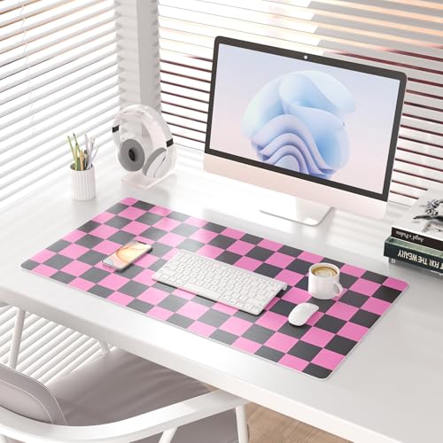 Colorful Star Large Black and Pink Mouse Pad, Plaid Waterproof Office Desk Mat, Non-Slip Gaming Mouse Pad, XXL PC Laptop Protector Pads, PU Leather Desk Writing Pads for Office Home, 31.5" x 15.7" - color: Black and Pink Plaid, size: 31.5" x 15.7"