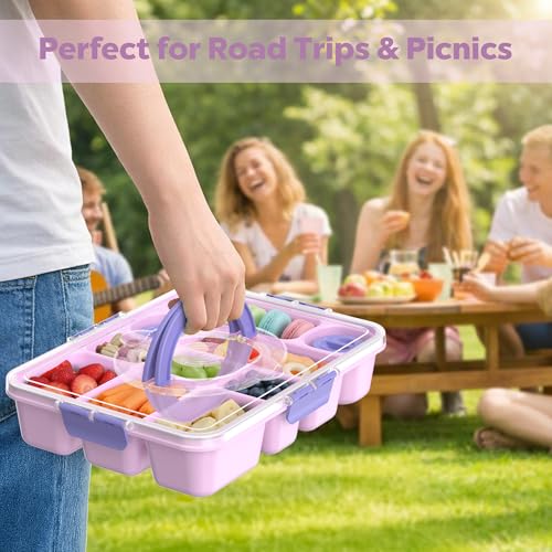 Snackle Box Container for Adults with 10 Compartment, Divided Serving Tray with Lid and Handle and 2 Sauce Containers, Portable Snack Box Container for Charcuterie Party Travel, Purple - color: Purple
