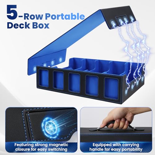 Trading Card Storage Box with Handle, 5-Row Portable Leather Game Case for 4000+ Cards,Blue Card Collection Box with Commander Display Window for MTG, Yugioh, and Sports Cards,Gifts for Card Collector - color: Blue