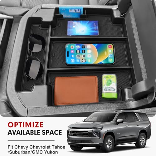 Autorder Center Console Organizer for 2021-2026 Chevy Chevrolet Tahoe/Suburban/GMC Yukon Accessories Armrest Storage Box Secondary Insert Tray with Anti-Slip Mat(Only for Power-Sliding Console) - color: 2021-2026 Chevy Tahoe/Suburban/GMC Yukon