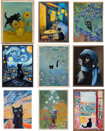 9Pcs Funny Black Cat Wall Art,Retro Black Cats in Famous Paintings Posters Prints,Cute Colorful Cats Aesthetic Pictures Wall Decor for Bathroom Bedroom Dorm Home Decor (12X16 Unframed) - size: 12"L x 16"W