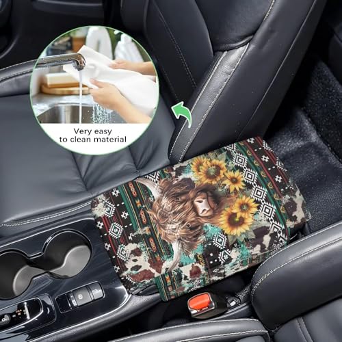Wanyint Aztec Highland Cow Sunflower Car Center Console Cover Soft Armrest Cover Protector Wear-Resistant Non-Slip Middle Console Pad Protective Cover for Car Storage Box Universal Fit - color: Aztec Highland Cow Sunflower