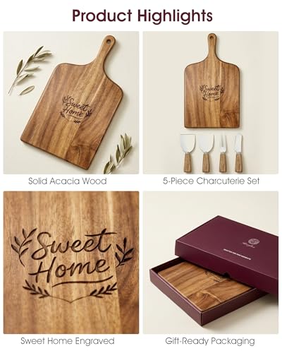 100% Acacia Wood Charcuterie Board Gift Set with Handle & 4 Cheese Knives | Natural Wood Grain | Smooth Polished Finish | Charcuterie & Cheese Board |Hosting & Everyday Serving |Premium Gift Box - size: 15.7"