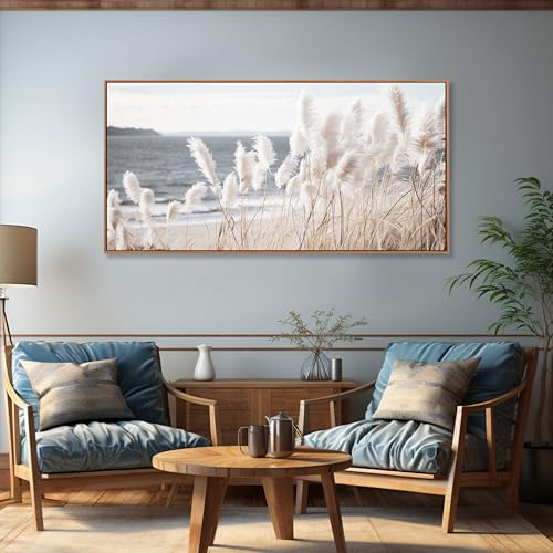 Wall Art Framed Artwork Decor Nature Canvas Art ReedSeascape Wall Decor for Bedroom Living Room Decoration Home Kitchen Office 29" x 58" - color: Off-white, size: 58"L x 29"W