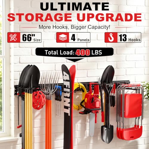 Garage Tool Organizer Wall Mount 66 inches with 13 Adjustable Heavy-Duty Hooks, Garage Organization, Garden Tool Storage Rack, Yard, and Shed, Holds Up to 520 lbs - size: 66" | 4 Panels + 13 Hooks